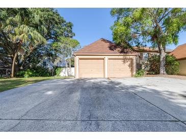 Attached two-car garage with a wide driveway and mature landscaping in a suburban neighborhood at 16107 Dawnview Dr, Tampa, FL 33624