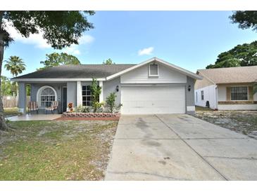 Charming single-story home with a well-manicured lawn, a two-car garage, and a welcoming front porch area at 11314 Silverleaf Ct, Riverview, FL 33579