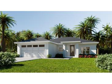 Charming single-story home featuring a two-car garage, well-maintained lawn, and lush tropical landscaping at 16 Heather Ter, North Port, FL 34286