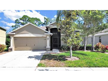Charming single-story home featuring a well-manicured lawn and a two-car garage with beautiful landscaping at 2405 Dakota Rock Dr, Ruskin, FL 33570