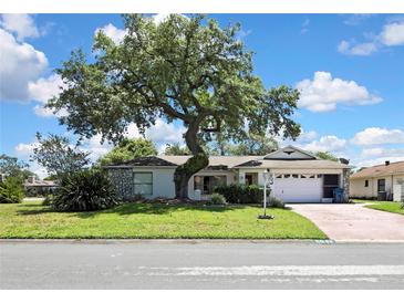 Charming single-story home featuring a lush front lawn and a majestic, mature shade tree at 5042 Gaston St, Spring Hill, FL 34607