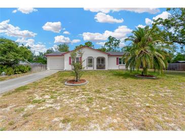 Charming single-story home featuring a well-maintained lawn, complemented by a palm tree and blue skies at 9013 Nakoma Way, Weeki Wachee, FL 34613