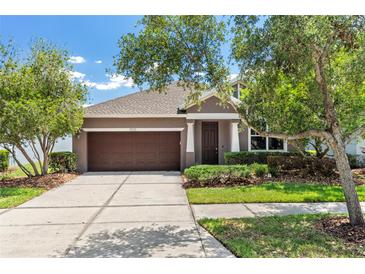 Well-maintained single-Gathering home with a two-car garage, manicured landscaping, and a covered entryway at 9031 Sienna Moss Ln, Riverview, FL 33578