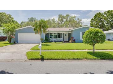 Charming blue single-story home with well-maintained landscaping, lush lawn, and a spacious two-car garage at 1101 Mclean St, Dunedin, FL 34698