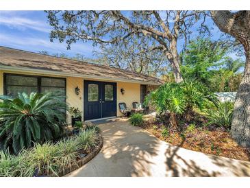 Inviting home exterior featuring a charming front entrance with double doors and lush landscaping at 6514 Sunhigh Dr, New Port Richey, FL 34655