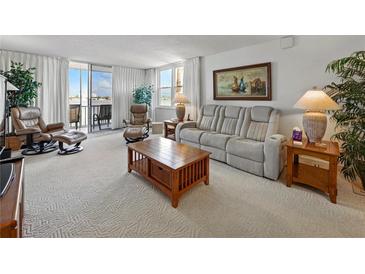 Bright living room with comfortable seating and balcony access showcasing water views at 7665 Sun Island S Dr # 307, South Pasadena, FL 33707