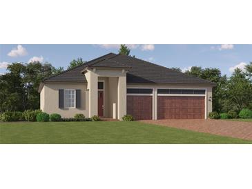 Charming single-Gathering home showcasing neutral stucco, complemented by a brick driveway and a two-car garage at 31597 Cardinal Yard Dr, San Antonio, FL 33576