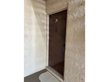 Condo entrance features unit A with vintage door hardware and textured walls at 7506 Presley Pl # 107, Tampa, FL 33617