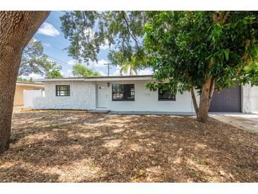 Charming single-story home with white textured exterior and a well-maintained lawn with mature trees at 202 Cranberry Ln, Brandon, FL 33510