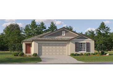 Charming one-story home with a beige facade, a two-car garage, and well-maintained landscaping at 1812 Tropical Oasis Ave, Plant City, FL 33565