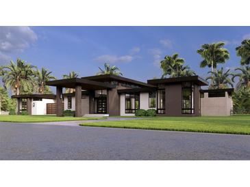 Stunning modern home with large windows and a grand entrance, surrounded by lush landscaping and palm trees at 19211 Gunn Hwy, Odessa, FL 33556