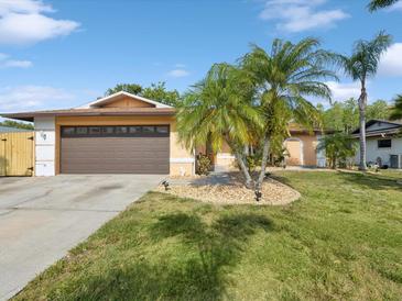 Charming single-story home showcasing lush landscaping, a well-manicured lawn, and a two-car garage at 4519 Swallowtail Dr, New Port Richey, FL 34653
