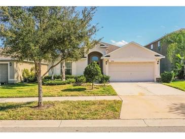 Charming single-story home featuring a well-manicured lawn, mature tree, and a two-car garage at 16616 Magnolia Reserve Pl, Wimauma, FL 33598
