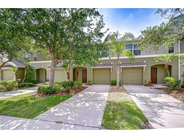 Inviting townhome exterior with attached garages, mature landscaping, and a well-manicured lawn at 2746 Birchcreek Dr, Wesley Chapel, FL 33544