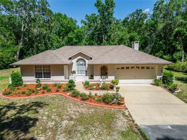 Charming single-story home featuring a manicured lawn, mature trees, and a welcoming two-car garage at 11120 Lu Wista Ln, Brooksville, FL 34601
