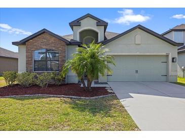 Charming single-Gathering home featuring a stone facade, well-maintained lawn, and an attached two-car garage at 11831 Thicket Wood Dr, Riverview, FL 33579