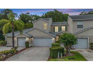 Exterior shot of two-story townhome featuring attached garages, landscaped yard, and neutral color scheme, all under a colorful evening sky at 3205 Audubon Ct, Tarpon Springs, FL 34688