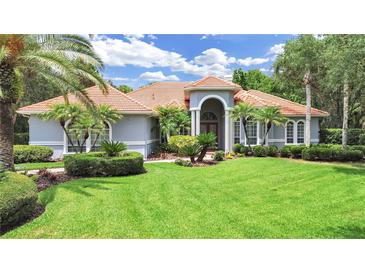 Stunning single-story home featuring a beautiful lawn, manicured landscaping, and a classic tile roof at 16343 Burniston Dr, Tampa, FL 33647