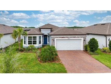 Beautiful single-story home with a two-car garage and a well-manicured front yard at 19877 Sea Glass Cir, Land O Lakes, FL 34638