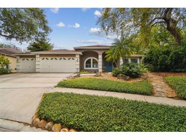 Charming single-story home with a well-manicured front yard, arched entry, and a convenient two-car garage at 160 Sage Cir, Crystal Beach, FL 34681