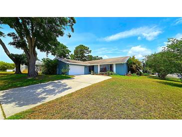 Charming single-story home featuring a large front yard, mature trees, and a concrete driveway at 3907 Orchard Hill Cir, Palm Harbor, FL 34684