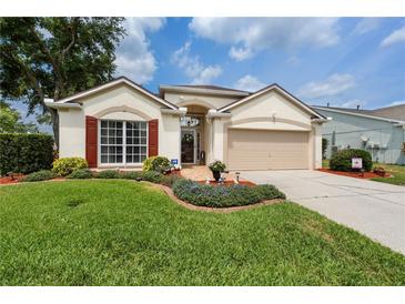 Charming single-Gathering home featuring a well-manicured lawn, lovely landscaping, and an attached two-car garage at 29713 Bright Ray Pl, Wesley Chapel, FL 33543