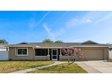 Charming single-story home with a well-maintained lawn and beautiful flowering tree at 8417 Bay Pointe Dr, Tampa, FL 33615