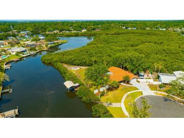 Stunning aerial view of waterfront property with lush mangrove preserves and private dock at 1890 Wateroak W Dr, Clearwater, FL 33764