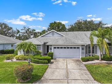 Charming single-story home features a well-manicured lawn, beautiful landscaping, and an attached two-car garage at 2413 Oxford Down Ct # 58, Sun City Center, FL 33573