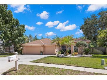 Charming single-story home featuring a well-manicured lawn, mature trees, and a three-car garage at 490 Knight Dr, Tarpon Springs, FL 34688