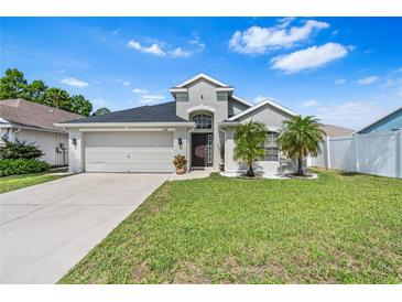 Charming single-story home with a well-manicured lawn and beautiful landscaping, including young palm trees at 2641 Big Pine Dr, Holiday, FL 34691