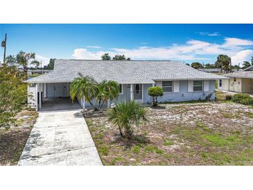 Charming single-story home with light blue exterior, a covered carport, and small palm trees in the front yard at 904 Desert Hills Dr, Sun City Center, FL 33573