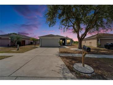 Charming single-story home with well-maintained lawn, mature tree, and long driveway at dusk at 12119 Buffington Ln, Riverview, FL 33579