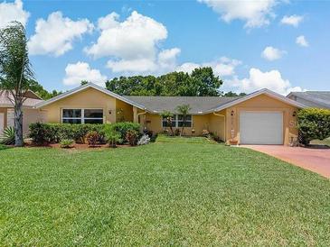 Charming single-story home featuring a well-maintained lawn and a two-car garage, enhancing curb appeal at 12407 Partridge Hill Row, Hudson, FL 34667