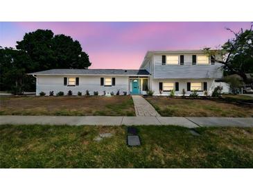 Charming two-story home with a well-manicured lawn and a striking, bright blue front door at 8413 Lopez Dr, Tampa, FL 33615