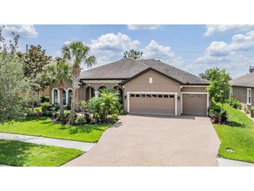 Beautiful single-story home featuring a three-car garage and lush landscaping at 32242 Summerglade Dr, Wesley Chapel, FL 33545