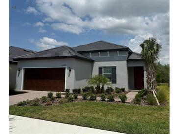 Charming single-story home with a well-manicured lawn, a two-car garage, and lush landscaping with decorative shrubbery at 10098 Banyan Breeze Blvd, Land O Lakes, FL 34638
