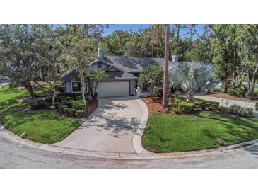Charming single-story home featuring a well-manicured lawn, mature landscaping, and an attached two-car garage at 200 Pinewinds Blvd, Oldsmar, FL 34677