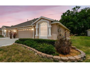 Inviting single-story home featuring a well-manicured lawn and attached two car garage at 31105 Whitlock Dr, Wesley Chapel, FL 33543