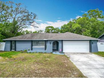 Charming single-story home with a blue exterior, attached garage, and front yard at 4435 Lamson Ave, Spring Hill, FL 34608