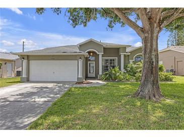 Charming single-story home with lush landscaping, attached garage, and welcoming front entrance at 7246 Julian St, New Port Richey, FL 34653