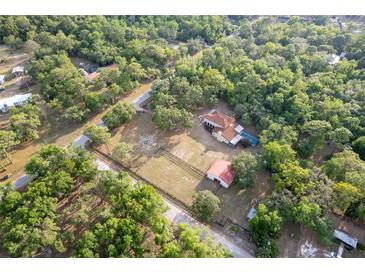 Aerial shot captures a sprawling estate with a well-maintained home, barn, and refreshing pool surrounded by nature at 12311 Oakwood Dr, Hudson, FL 34669