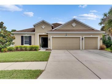 Inviting single-story home with a well-manicured lawn, a two-car garage, and neutral-toned exterior paint at 17516 Bright Wheat Dr, Lithia, FL 33547