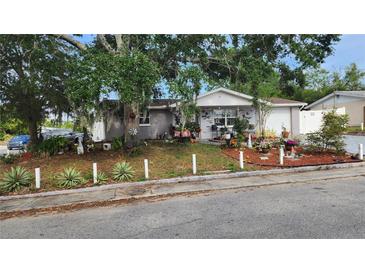 Charming single-story home with mature trees and a well-maintained front yard with decorations at 9926 Gray Fox Ln, Port Richey, FL 34668