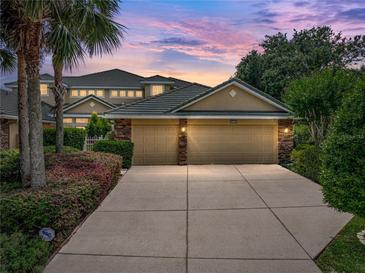 Two-car garage with stone accents, mature landscaping, and a wide driveway under a stunning dusk sky at 13209 Palmilla Cir, Dade City, FL 33525
