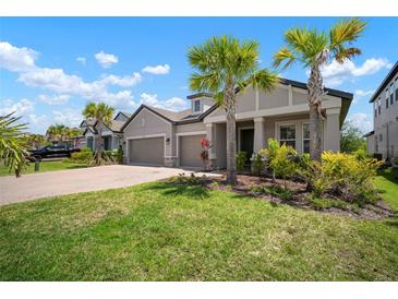 Beautiful single-Gathering home with a two-car garage, lush lawn, and lovely landscaping including palm trees at 923 Whimbrel Run, Bradenton, FL 34212