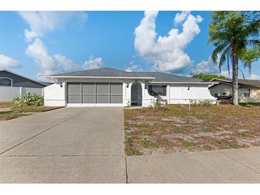 Charming single-story home featuring a screened-in two-car garage and well-lit concrete driveway at 11305 Brown Bear Ln, Port Richey, FL 34668