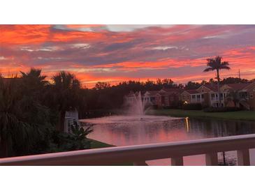 Beautiful sunset view over the water with a fountain and palm trees creating a serene and picturesque setting at 18 Franklin S Ct # D, St Petersburg, FL 33711