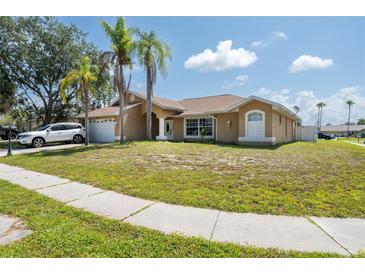 Inviting single-story home featuring a lush lawn, palm trees, and a two-car garage at 10149 Briar Cir, Hudson, FL 34667