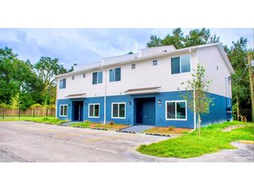 Modern townhome featuring blue and white exterior paint, and ample parking at 1933 Oxnard Ct, Tampa, FL 33612